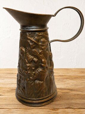 Vintage Lombard England Embossed Musician Scene Brass Pitcher - Mic Century